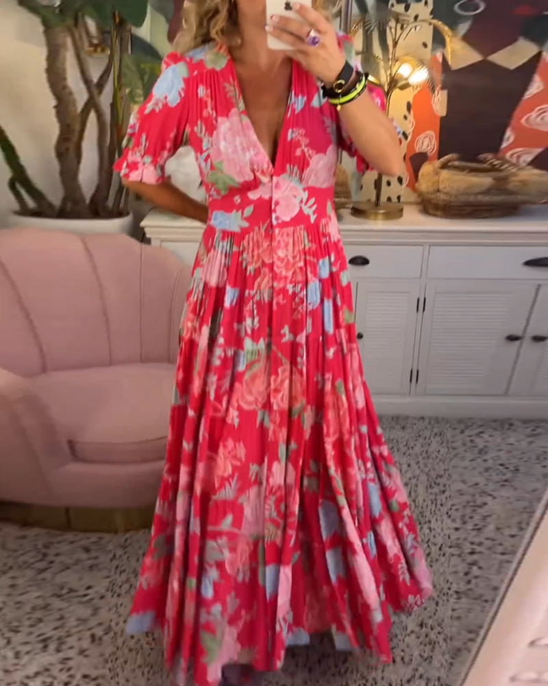 Catrisa™ - Vestido com decote em V e estampa floral e bolsos