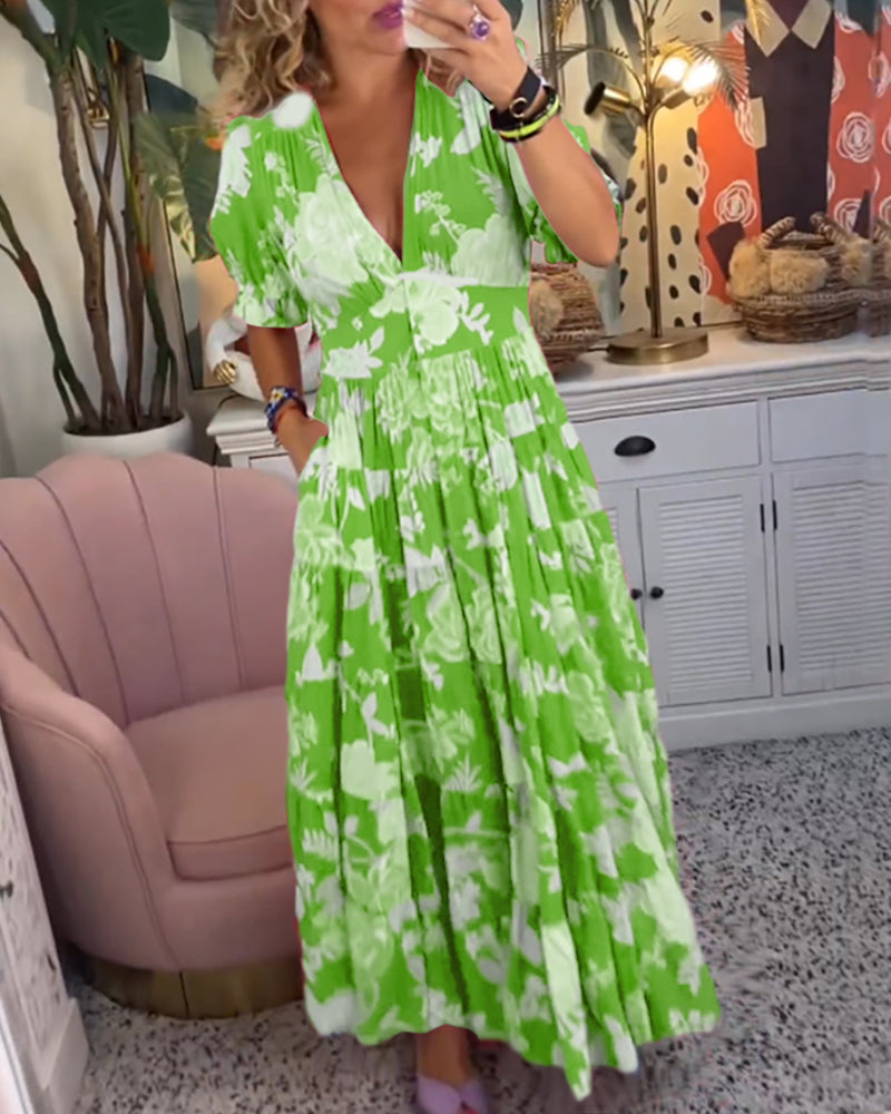 Catrisa™ - Vestido com decote em V e estampa floral e bolsos