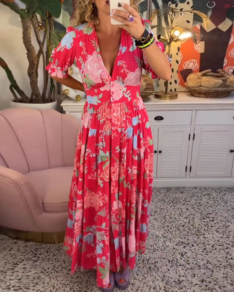 Catrisa™ - Vestido com decote em V e estampa floral e bolsos