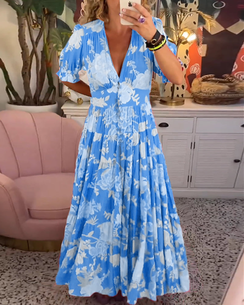 Catrisa™ - Vestido com decote em V e estampa floral e bolsos