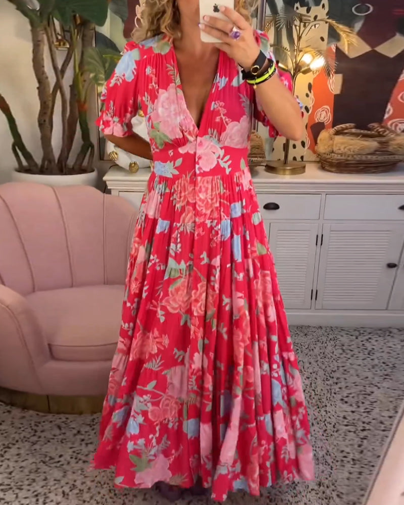 Catrisa™ - Vestido com decote em V e estampa floral e bolsos