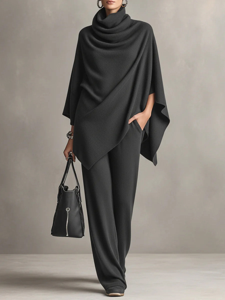 Juana – Conjunto elegante com poncho drapeado e calças