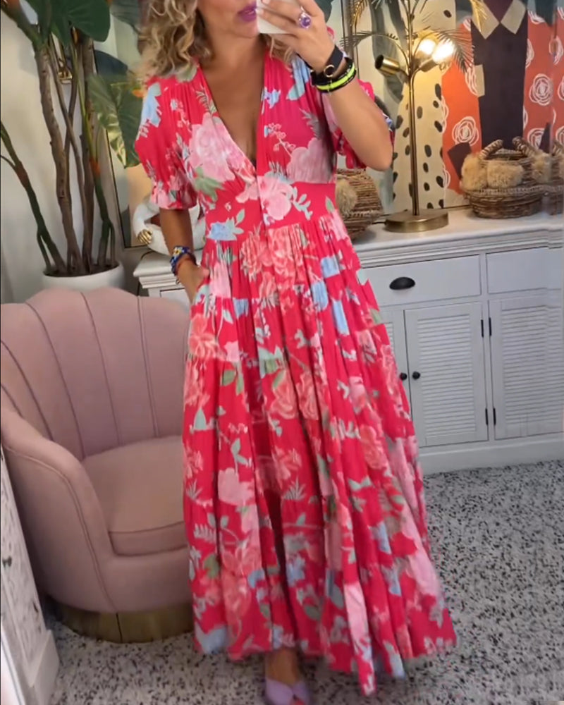 Catrisa™ - Vestido com decote em V e estampa floral e bolsos