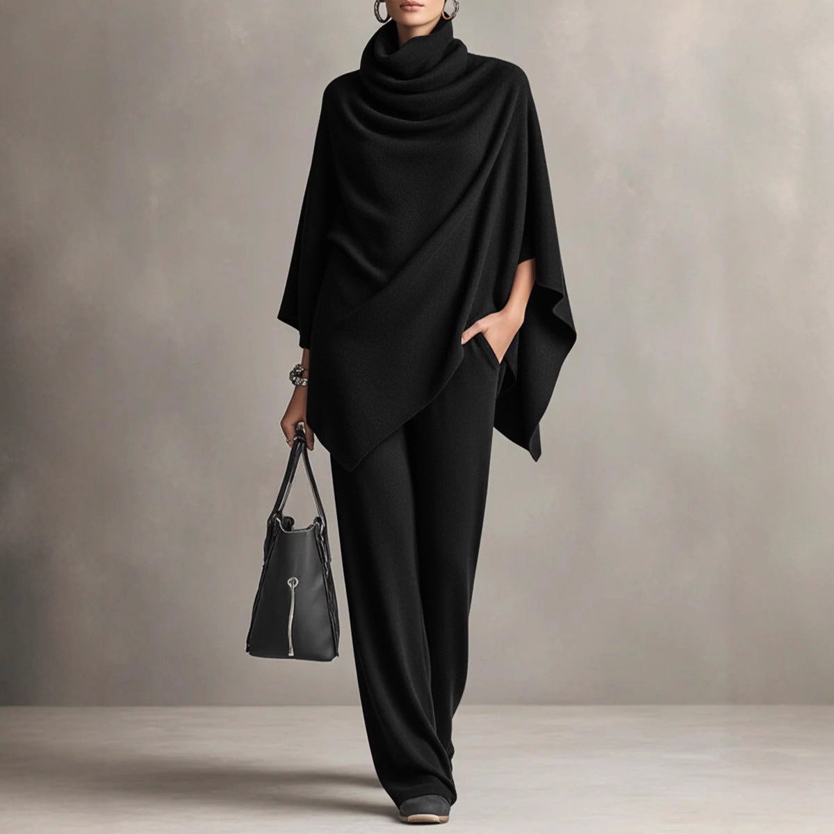 Juana – Conjunto elegante com poncho drapeado e calças