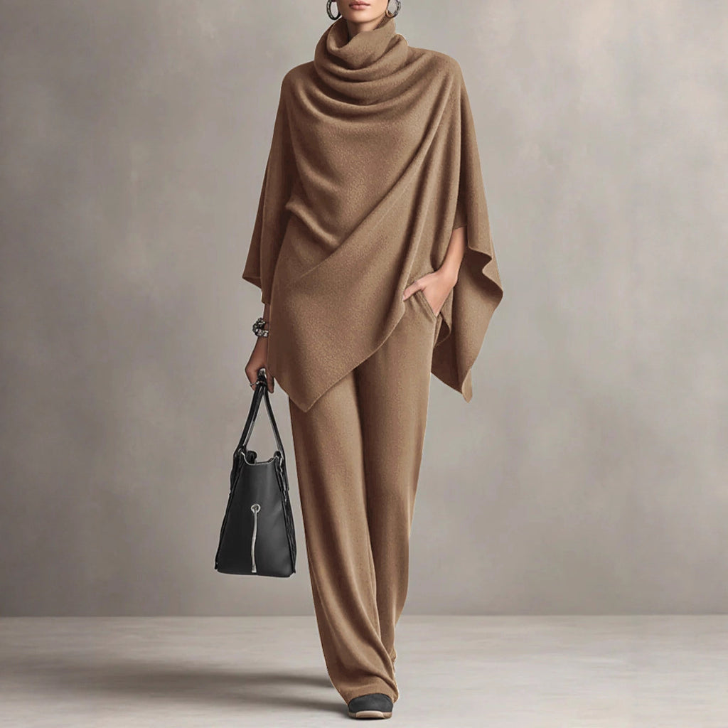 Juana – Conjunto elegante com poncho drapeado e calças